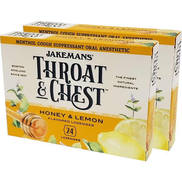 Jakemans Throat & Chest Lozenges Honey and Lemon Menthol Cough Drops, 24 Lozenges Each (Pack of 2)