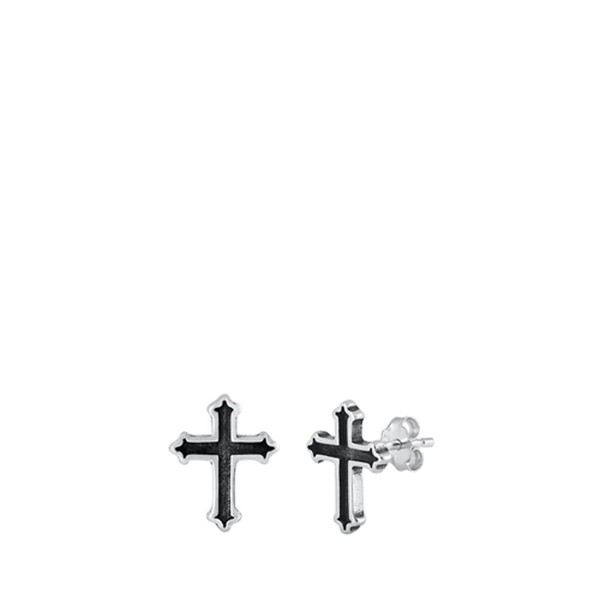 Sterling Silver Cross Stud Christian Earrings Oxidized Gothic Cross 925