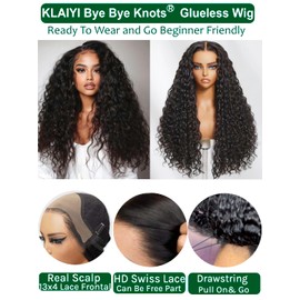 KLAIYI Water Wave HD Real Scalp Glueless Precut 13x4 Lace Front Human Hair Wig Drawstring Bye Bye Knots Pre Plucked Bleached Pre Everything 30S Ready to Wear and Go Deep Curly Wave Beginner Wig 16Inch