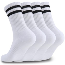 Airpal 4 Pairs Athletic Socks Cotton Cushioned Striped Crew Socks Sports Running Socks for Men Women Teens (Medium, White+Black Stripe)