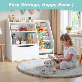 TOETOL Kids Bookshelf & Book Storage,3 Tier Wooden Toddler Bookshelf for Children,Nursery Book Shelves with 6 Sling,Organizer & Book Shelf for Kids Rooms,Bedroom,Playroom White