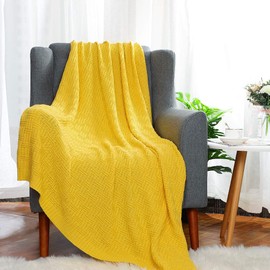 uxcell 100% Cotton Cable Knit Throw Blanket,Soft Lightweight Lap Blanket,Textured Solid Sofa Throw Couch Cover Decorative Knitted Blankets, Yellow 47"x 70"