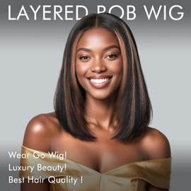 Highlight 1B30 Layered Face-Framing 250 Density Human Hair Wig Straight Glueless Wigs Human Hair Pre Plucked Pre Cut Bob Ready To Wear Wig 15A 6x6 Hd Lace Closure Wigs For Women 12 Inch