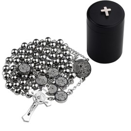 HanlinCC Stainless Steel Catholic Rosary Necklace with Gift Box with Saint Benedict Saint Michael Miraculous medal for Men and Women, 52cm length, Stainless Steel, No Gemstone
