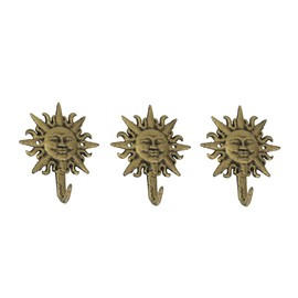 Set of 3 Decorative Cast Iron Sun Face Hooks - Gold