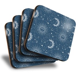 Destination Vinyl ltd Great Coasters (Set of 4) Square - Blue Sun & Moon Astronomy Drink Glossy Coasters/Tabletop Protection for Any Table Type #12476