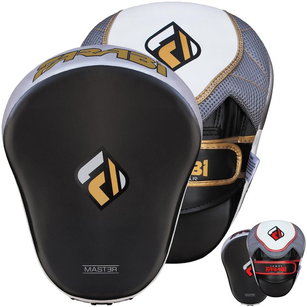 Curved Focus Pads, Hook & Jab Mitts, Boxing Training Pads Made with Genuine Cowhide Leather (Black/Gold)