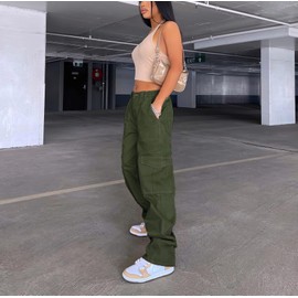 Viatabuna Women's High Waist Straight Leg Y2K Streetwear Cargo Pants Baggy Boyfriend Jeans with Pocket Green