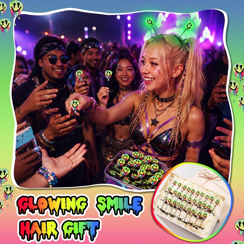 30 Pcs Glow Rave Trinkets Festival Smile Hair Clip Rave