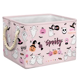 Casuru Halloween Ghost Basket Pink Boo Spooky Basket with Handles Foldable Halloween Gifts Storage Bins for Clothes Books (Pink & White, 15x10x10 Inch)