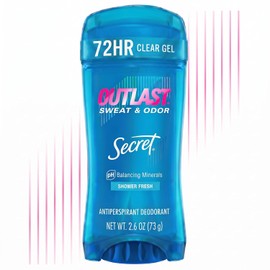 Secret Outlast Desodorante Antitranspirante para Mujer, Protección Contra El Sudor y El Olor, Minerales Equilibrantes de Ph, Gel Transparente, Aroma Fresco de Ducha, 2.6 Oz