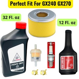 Maintenance Tune Up Kit for GX240 GX270 Engines with 44 fl.oz Genuine Motor Oil 10W30 AIR Filter Replace 17210-ZE2-505 Spark Plug [98079-55846] [BPR5ES] Universal Fuel Filter and 2 Clamps