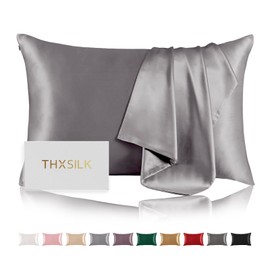 THXSILK 100% Natural Mulberry Silk Pillowcase for Hair and Skin, Grade 6A+ Pillowcase with Hidden Zipper, Soft Breathable Smooth Both Sided Silk Pillow Cover(Standard 20x26inch, Grey)