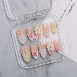 Handmade Flower Press on Nails French Tip Almond Medium False Nails with 3D White Flower & Water Ripple Art Designs Muti-Layer Gel Thick Artificial Acrylic Nails for Women (Size S)