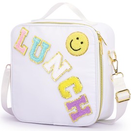 BAGWORLD Kids Girls Boys Lunch Bag Large Capacity Cute Preppy Reusable Insulated Lunch Box Tote with Adjustable Shoulder Strap Nylon Cooler Organizer for School Travel Picnic (White)