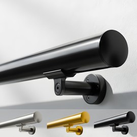 4FT Aluminum Handrail Kit for Indoor/Outdoor Stairs – (2–18 FT Available) – 1.97" Round Wall Mount Stair Railing, Matte Black, with Adjustable Steel Brackets – Complete DIY Grab Bar Kit – ARESSCORP