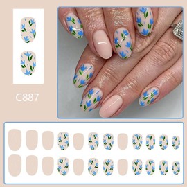 Short Oval Press On Nails Nude Fake Nails Flower False Nails With Design Cute Blue Floral Full Cover Glossy Glue On Nails Spring Summer Stick On Nails For Women Girls Manicure 24Pcs
