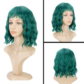 PHOENIXFLY Green Wavy Wigs With Bangs Short Burgundy Bob Wavy Wigs for Women Curly Synthetic Cosplay Wig for Girls Daily Use Colorful Wig