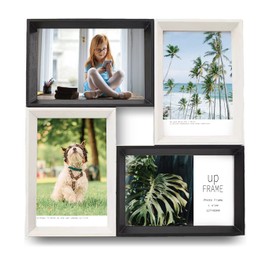 upFRAME Multi-Picture Frame, Stylish, 4 Pieces, Wall Hanging, Tabletop, Photo Frame, Multi-Faced, Wooden (L, Black and White)