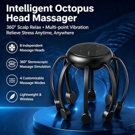 Intelligent Octopus Head Massager, 360° Octopus Head Massager Scalp Relax, Upgraded Electric Wearable Multi-point Vibration Scalp Massager, Quiet & Lightweight for Work, Gaming & Relaxation (Black)