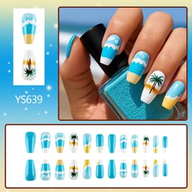 Coconut Tree Press on Nails Medium Coffin Fake Nails Tropical Beach Design Glue on Nails Summer Acrylic Nails Glossy Palm Tree False Nails Full Cover Artificial Nails Medium Length Stick on Nails