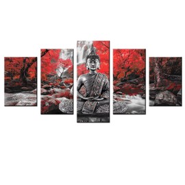 AWLXPHY Decor Buddha Wall Art Canvas Waterfall Painting Framed 5 Panels for Living Room Decoration Modern Landscape Buddha Trees Zen Wall Art Giclee (Red, 40"x20")