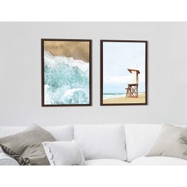 Kate and Laurel Sylvie Ocean Beach Waves from Above and Wood Lifeguard Tower on the Beach Framed Canvas Wall Art Set by The Creative Bunch Studio, 2 Piece 18x24 Walnut Brown, Chic Coastal Art for Wall