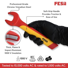 FESA 1000V Insulated Open End Wrenches - 14-Piece Professional Insulated Wrench Set with Traction Handles, Durable CR-V Steel - 1000 Volt Tools for Electricians & Mechanics (Metric)
