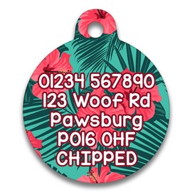 Spoilt Rotten Pets 38mm Pink Tropical Leaves Dog or Cat Identity Disc, Cat Kitten Dog Puppy ID Tag, Pet Tag Custom Printed with Your Contact Details