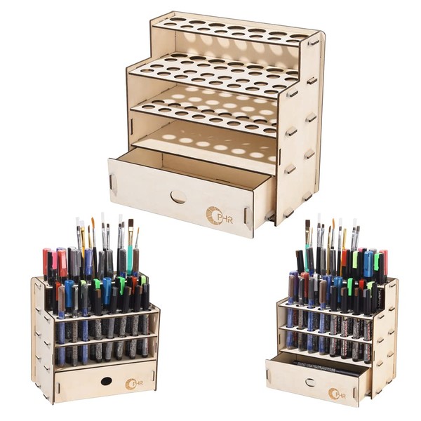 OPHIR 32 Holes Wooden Paint Brush Holders with Drawer Cabinet for Marker Pens, Painting Brushes, Colored Pencils, Painting Tools, Artist Supply Storage Rack Organizers for Craft Model Hobby Painting