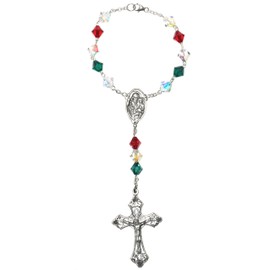 One Decade Italian (Green, White & Red) Auto Rosary made with Austrian Crystals