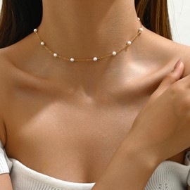 Jewigo Pearl Necklaces for Women 18K Gold Plated Pearl Choker Necklace Dainty Pearl Pendant Necklace Simple Small Pearl Bridesmaid Wedding Jewelry Gift