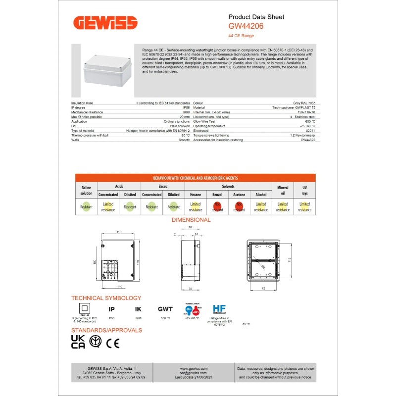 GEWISS GW44206 Junction Box With Plain Screwed LID - IP56