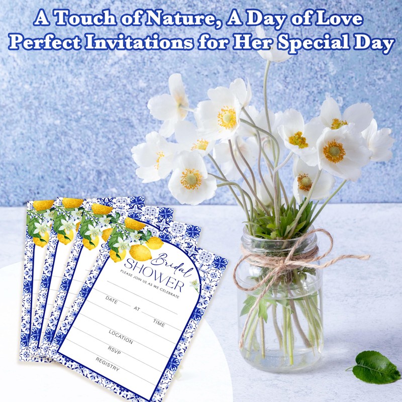 GOLRMC Mediterranean Lemon Bridal Shower Invitations, Italian Blue Tiles, 25