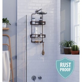 Zenna Home Hanging Shower Caddy, Over the Shower Head Bathroom Storage, Rustproof, No Drilling, Bath Organizer with 2 Shelves, Soap Tray, Razor Holders and Hooks, Bronze