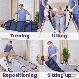 NIHAO Bed Positioning Pad 43" x 36" with 8 Reinforced Handles & Pockets, Comfortable Flannel Transfer Sheet for Turning, Lifting & Repositioning Multipurpose repositioning pad, Navy Blue