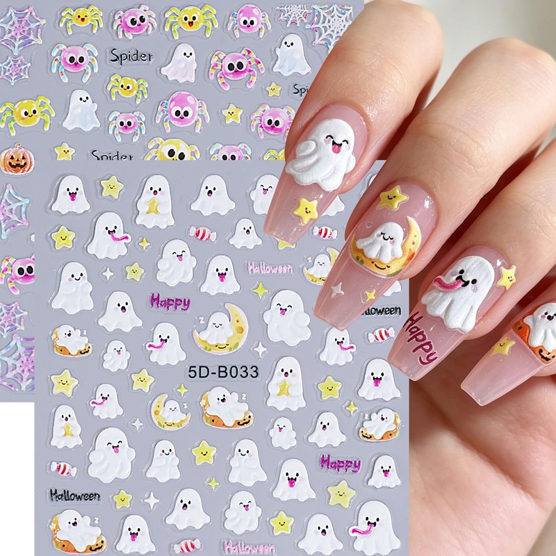 Halloween Ghost Embossed Nail Sticker 10PCS 3/5D Self Adhesive Nail