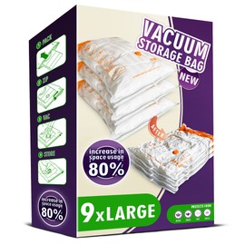 Storage Master Space Saver Bags for Travel and Home Reusable Vacuum Storage Bags Save 80% More Storage Space Work with Vacuum Cleaner (9 Large, No Pump Included)
