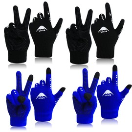 LOVMEAD 4 Pairs Children's Winter Cycling Gloves Knitted Gloves Touchscreen 4-12 Years Boys Girls Winter Gloves Warm Windproof (Black + Blue)