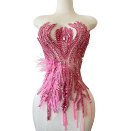 Hand Made Smart Beads Tassels Fluttering Feathers Hand-Stitched Shiny Rhinestones Bodice Applique Dress DIY Accessories Patches (Pink)