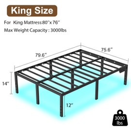 King Size Bed Frame King Platform Bed Frame with LED Lights 14 Inch Tall King Mattress Base King Platform Bed Frame with Charging Station(King)