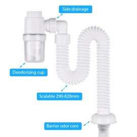 DASIAUTOEM Siphon, 1 1/4 Inch, Space-Saving Siphon, Flexible Drain Hose, Adjustable Siphon Washbasin, Odour-Proof Flexible Siphon, Replaceable Waste Water Pipe, Drain Pipe with Odour Trap
