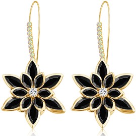 unixmoment Sparkly Crystal Flower Dangle Drop Earrings 14K Gold Rhinestone Snowflake Leverback Hoop Earrings For Women (Black)