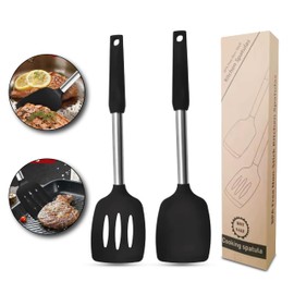 Spatulas Silicone Set of 2 Solid Turner Slotted & Solid Silicone Spatulas for Cooking Eggs, Fish, Pancakes BPA Free solid kitchen flipper spatula– Silicone Cooking Utensils Set – Black