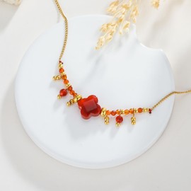 YADUDA Four Leaf Clover Necklace for Women Tiny Cute Crystal Carnelian Stone Pendant Beads Necklace 18K Gold Plated Stainless Steel Lucky Jewelry Gift