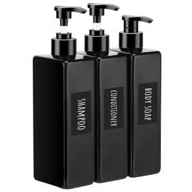 Segbeauty - Dispensador de ducha recargable, 3 botellas de 16.9 onzas, 500 ml, con etiquetas, dispensador de jabón de plástico reutilizable aspiradora, recipientes de ducha para lavado corporal, champú acondicionador loción, color negro