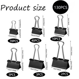 HoAhaMay Pack of 130 Black Folding Clip Set, Various Sizes of 15 mm/19 mm/25 mm/32 mm/40 mm/50 mm, Mini Clip, Paper Clip, Metal Binder, Stationery, Paper, Multi-Purpose Clip for School, Home, Office