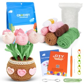 AUAUY Beginner Crochet Kit, Crochet Tulip Kit for Beginners, Yarn, Stuffing, Crochet Hook for Kids and Adults, Crochet Kit with Step-by-Step Video Tutorials, Boys and Girls Birthdays Gift