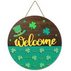 JarThenaAMCS St. Patrick's Day Welcome Door Sign Green Shamrock Wooden Hanging Sign Irish Clover Front Door Hanger for Indoor Outdoor Home Porch Window Decor