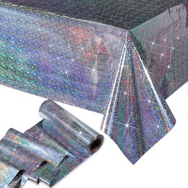 Kinlop 40 Inch x 100 ft Plastic Laser Tablecover Roll Disposable Iridescent Tablecloth Roll Iridescence Rectangle Holographic Foil Tablecloth for Disco Wedding Birthday Bridal Party (Silver)